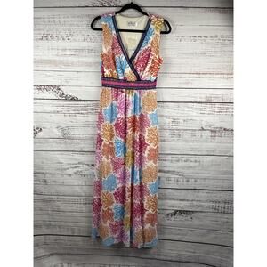 Nikki Poulos Dress Women's Medium Multicolor Coral Print Wrap Sleeveless Maxi